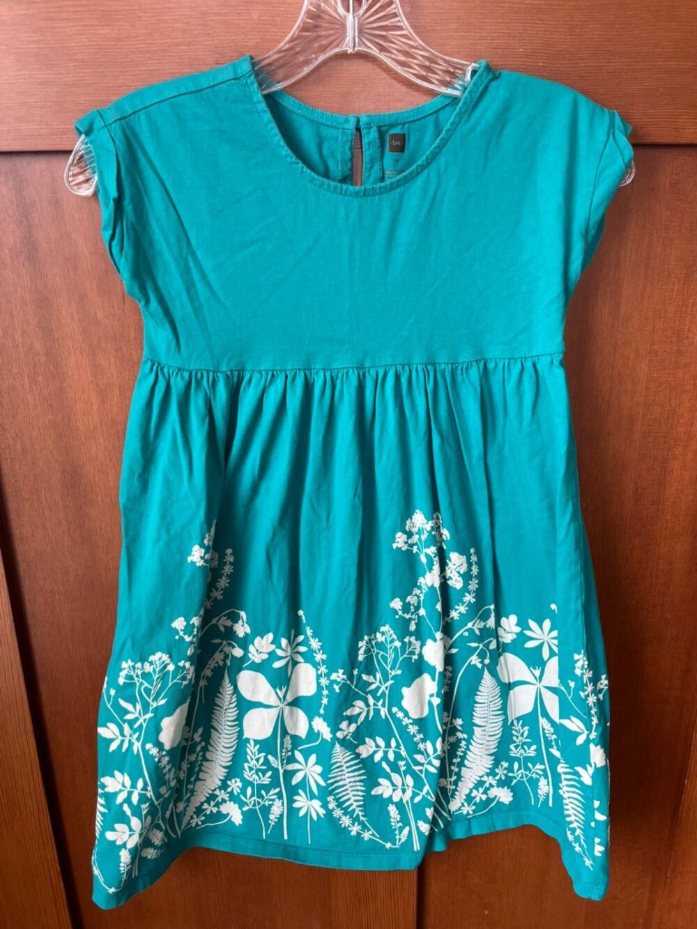 Tea Collection Teal Spring Summer Dress Short Sleeve Floral Print Hem Size 10